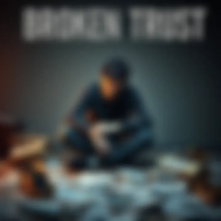 A person sitting alone with a somber expression, reflecting on a broken relationship, surrounded by scattered letters and photographs, symbolizing betrayal and disappointment.