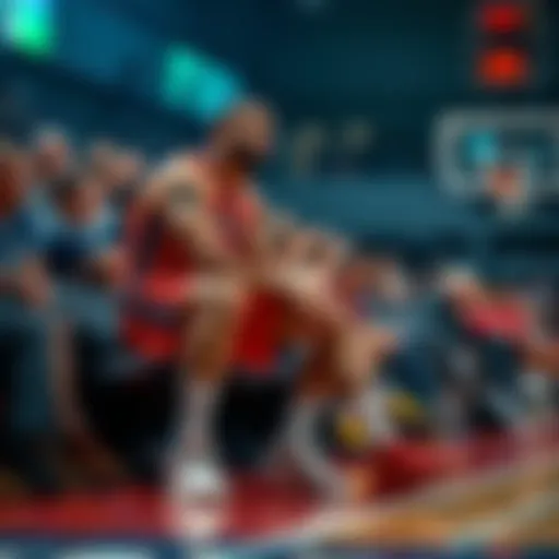 Basketball star Bron on the bench with a bandaged leg, as fans look on with concern.