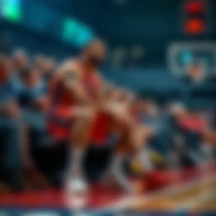 Basketball star Bron on the bench with a bandaged leg, as fans look on with concern.