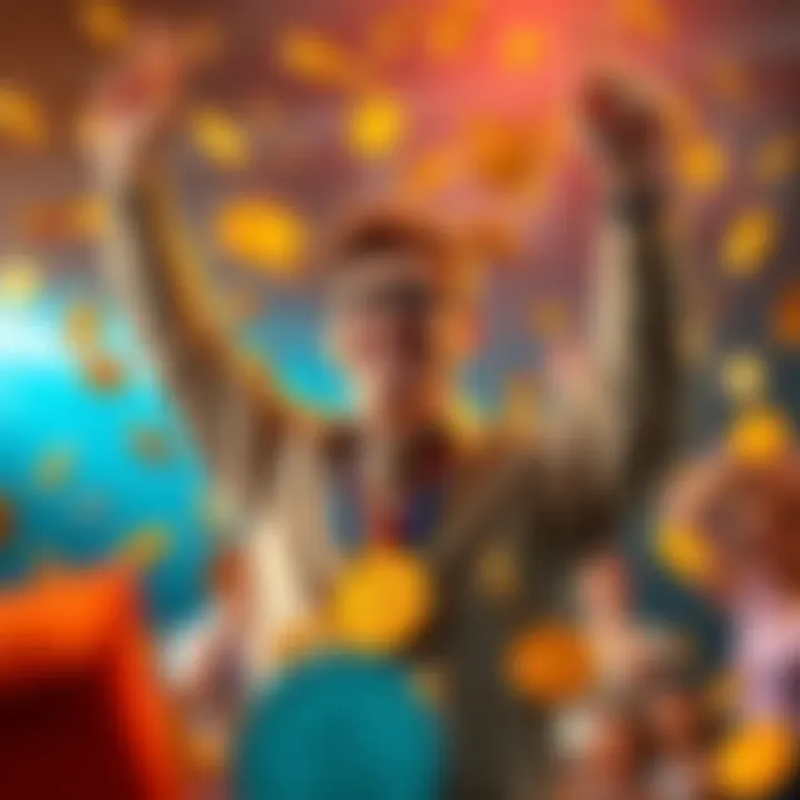 A person celebrating their achievement of moving from Bronce to Plate rank with a smile and raised arms, surrounded by coins and rewards, symbolizing success and recognition in a competitive environment.
