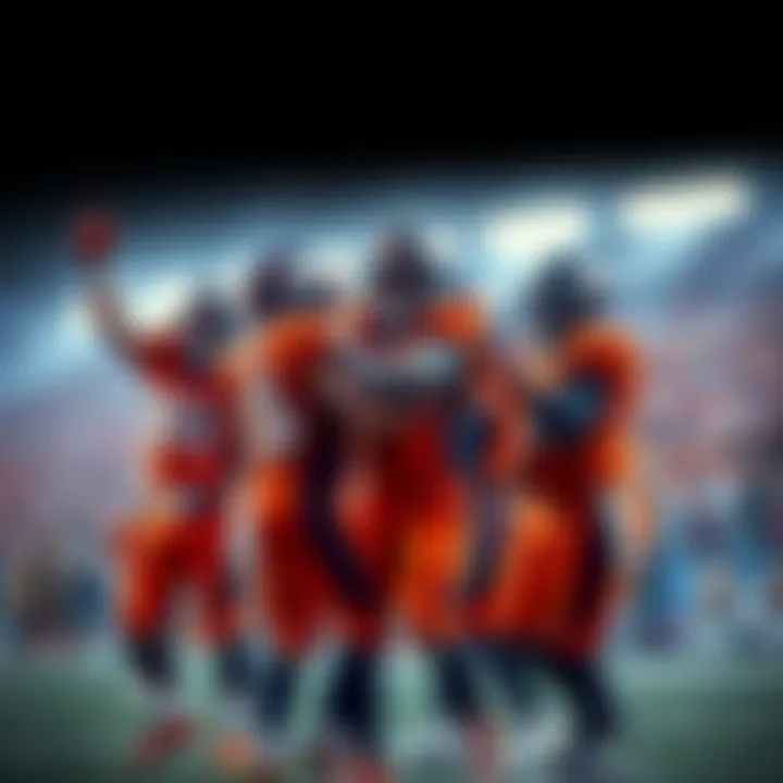 Denver Broncos players celebrating after scoring a touchdown late in the game