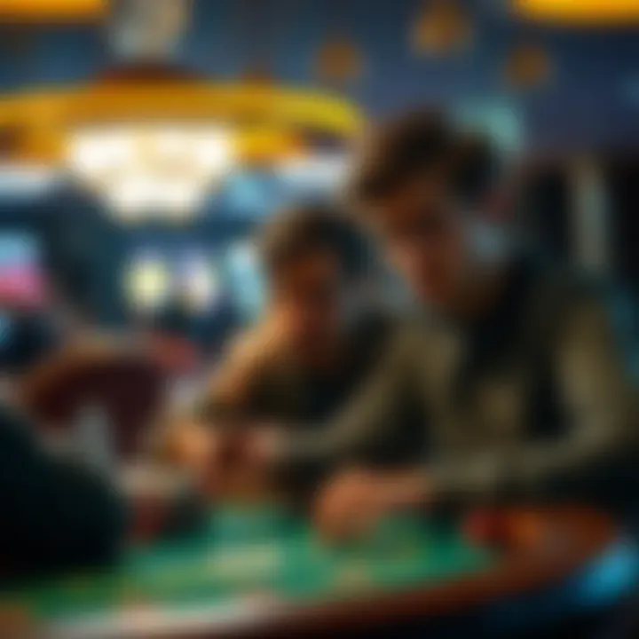 A worried brother watching another brother gambling at a casino table, looking apprehensive about his choices.