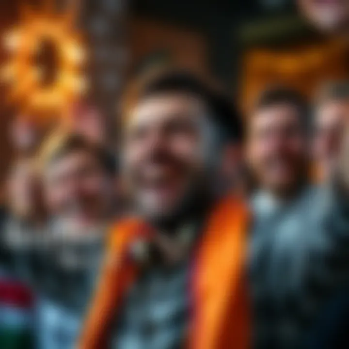 A man joyfully celebrating his achievement with tears of happiness, surrounded by friends and family.
