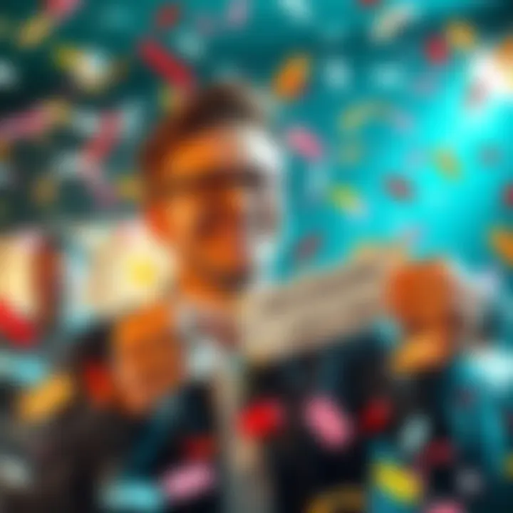 A happy man holding a lottery ticket, surrounded by confetti and smiling with joy.