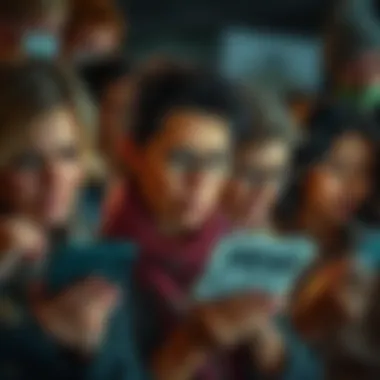 A stark representation of current societal and political issues, showing diverse people looking distressed while reading news on their phones.