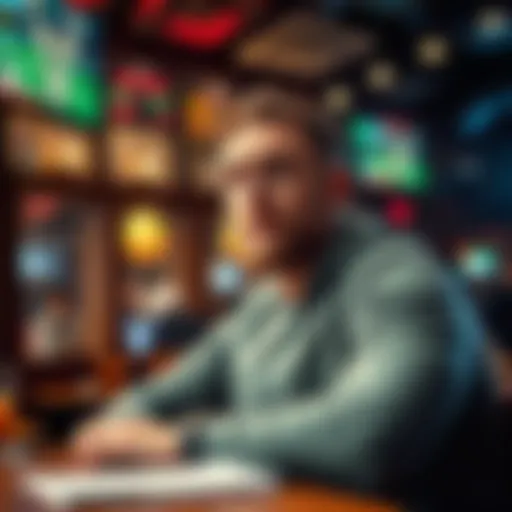 A Bucks fan sitting in a sports bar, looking concerned while watching a game on TV, with a sad expression showing his disappointment with Myles' rebounding skills.