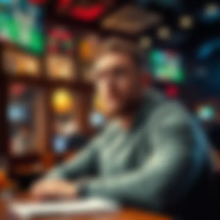 Bucks fan looking worried A Bucks fan sitting in a sports bar, looking concerned while watching a game on TV, with a sad expression showing his disappointment with Myles' rebounding skills.