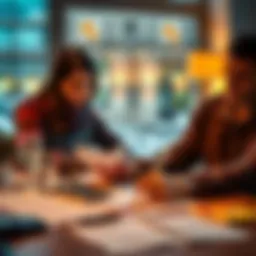 A couple reviewing their remaining budget on a table with receipts and a calculator