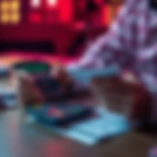 A person calculating monthly gambling expenses with a calculator and notes