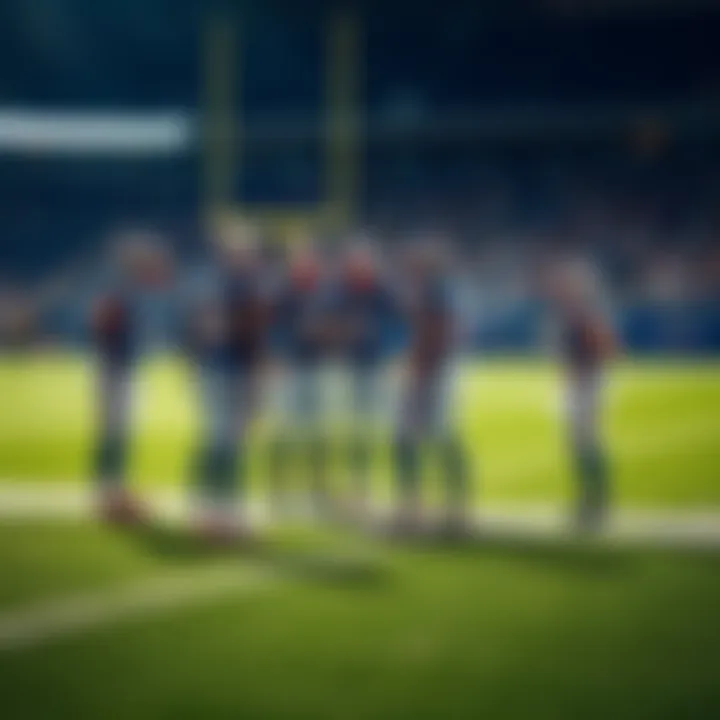 Buffalo Bills football players discussing strategies as they prepare for a game, with a focus on potential scoring techniques.