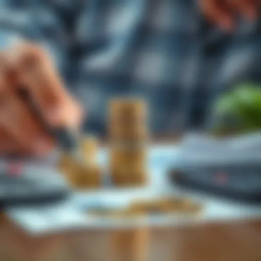 A person stacking coins with a calculator and financial documents, symbolizing small savings leading to larger financial achievements.