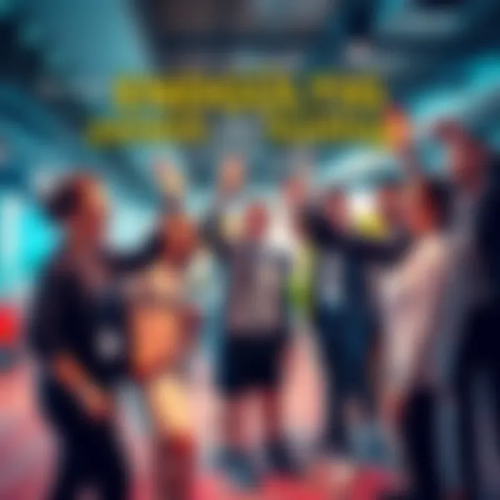 A team of professionals celebrating their return to business with smiles and high-fives in a modern office setting.