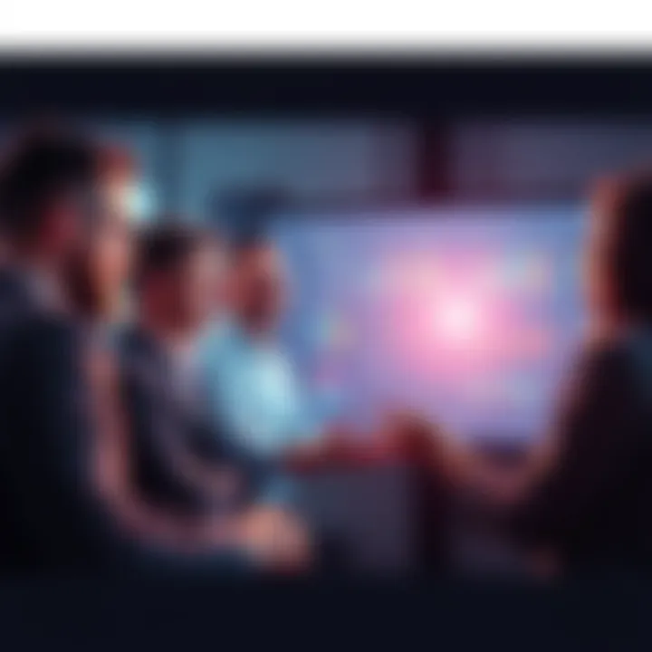 A group of business professionals discussing strategies with charts and graphs on a screen