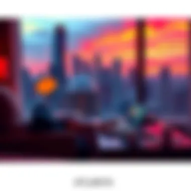 A person working on a laptop in a hotel room while overlooking the Atlanta skyline.