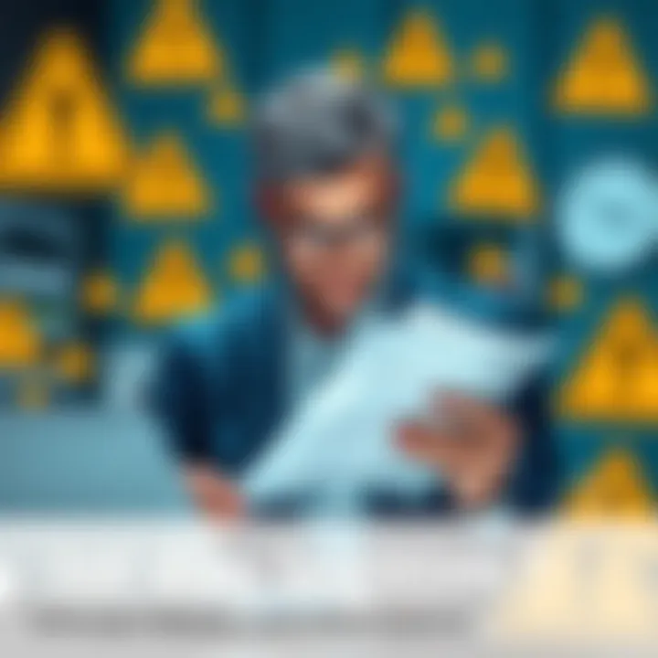 A businessman examining product documents with a concerned expression, surrounded by warning signs of fraud