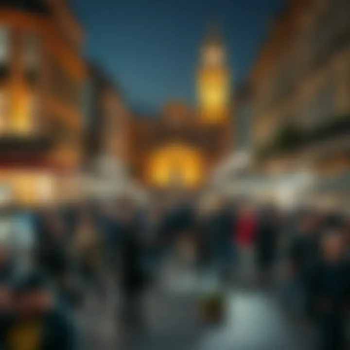 People gathering in a lively city square on a Friday night, enjoying the atmosphere and anticipating the weekend ahead.
