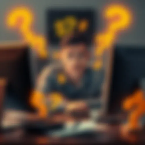 A person sitting at a desk looking at a computer with a confused expression, surrounded by question marks and dollar signs, representing the mystery of a bonus offer.