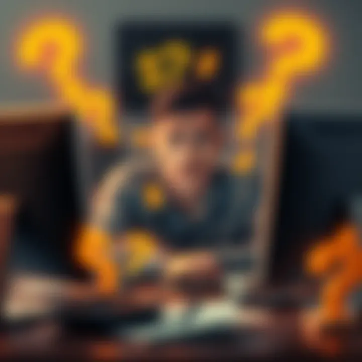A person sitting at a desk looking at a computer with a confused expression, surrounded by question marks and dollar signs, representing the mystery of a bonus offer.