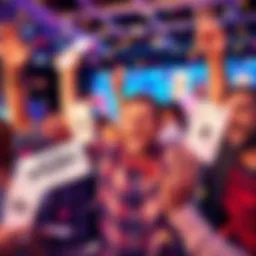People celebrating after winning the CA Fantasy 5 lottery with tickets showing winning numbers.