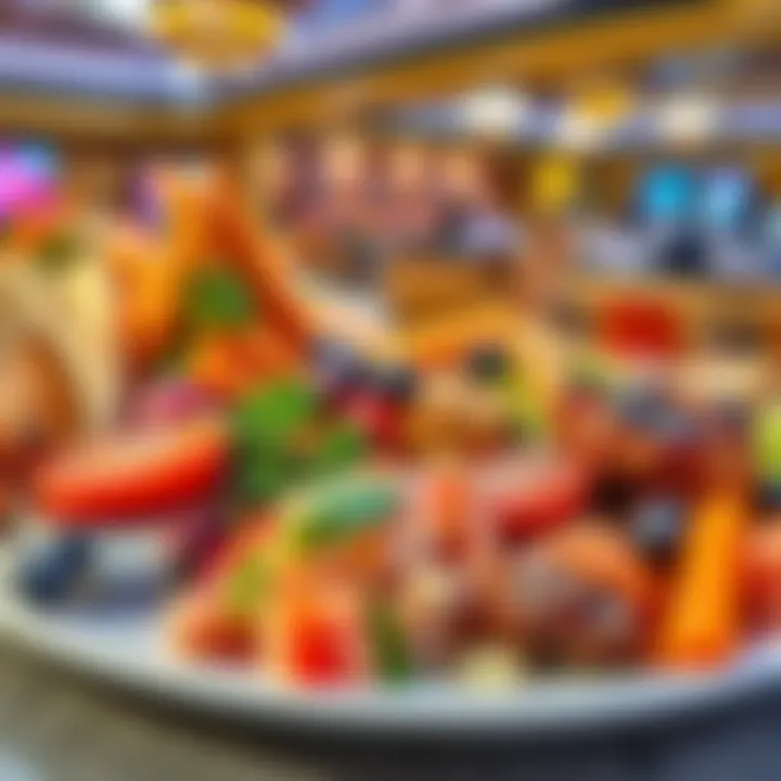 A plate of diverse dishes from the Caesars Palace buffet in Las Vegas, with a focus on the vibrant food options available.