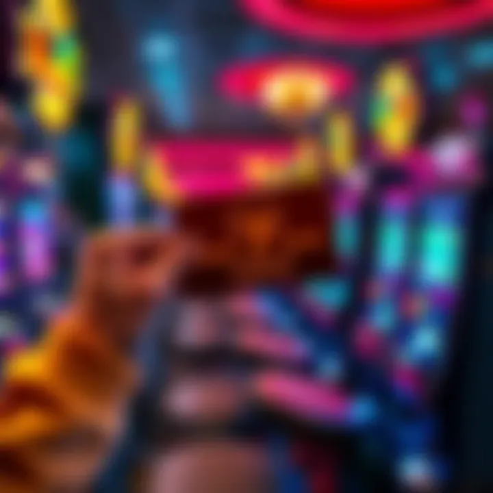 A person holding a Caesars Casino membership card with the 7-star logo visible, sitting at a slot machine, surrounded by casino lights and sounds.