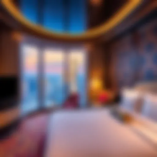 A luxurious hotel room at Caesars in Las Vegas showcasing elegant decor and a view of the Strip