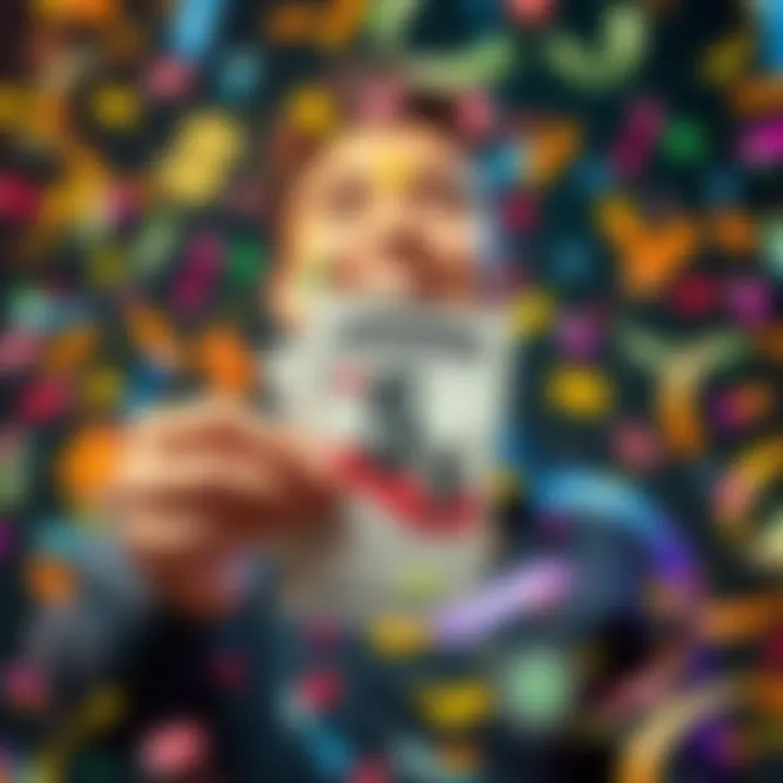A person holding a lottery ticket with a bright and excited expression, surrounded by colorful confetti and dollar signs, celebrating the record California Fantasy 5 jackpot.