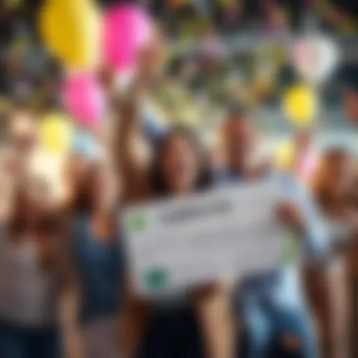 Group of happy Californians celebrating after winning a lottery, with balloons and confetti in the background