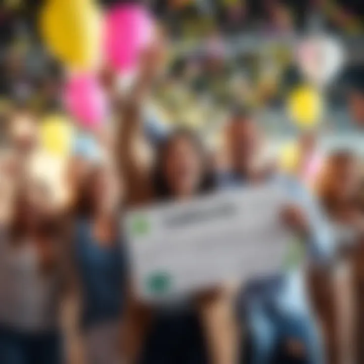 Group of happy Californians celebrating after winning a lottery, with balloons and confetti in the background