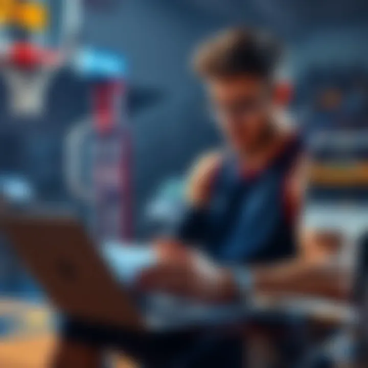 A basketball player analyzing betting strategies with a laptop and notes, highlighting Calm NBA Slip Easymoney