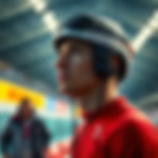 An athlete taking a deep breath before a race, focusing and preparing mentally for the competition ahead.