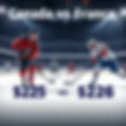 Canada vs France Olympic Game Betting A graphic showing a hockey game with players from Canada and France, highlighting a $25 bet with a potential payout of $226, featuring Macklin Celebrini as a key player.