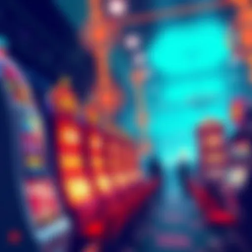 Illustration of a colorful casino scene featuring slot machines with spinning reels, showcasing symbols of free spins and bonuses, and a vibrant atmosphere with people enjoying their time.