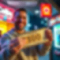 A happy Canadian man holding a scratch ticket with 100 dollars won in Los Angeles