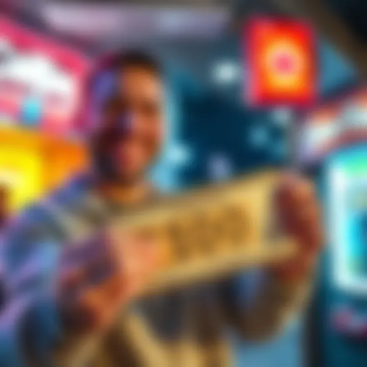 A happy Canadian man holding a scratch ticket with 100 dollars won in Los Angeles