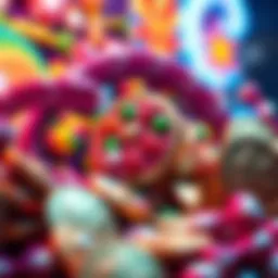 Candy-Themed Game Rewards Colorful display of candy-themed game symbols and large coins representing winnings