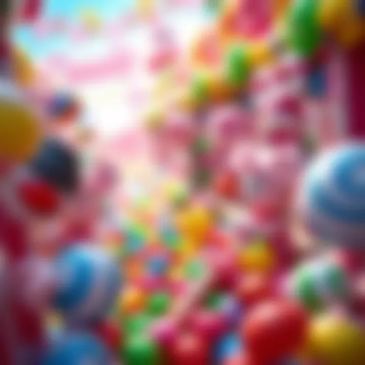 A vibrant scene showcasing new features and surprises in Candy Rush, filled with colorful candies and characters enjoying the game.