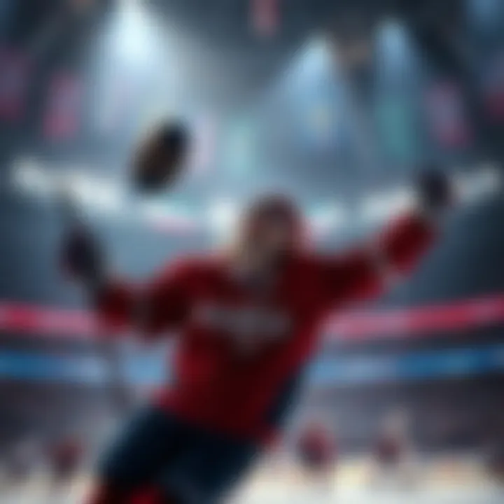 A hockey player celebrating after scoring a goal, with Capitals logo in the background, representing their chances in the Cup.
