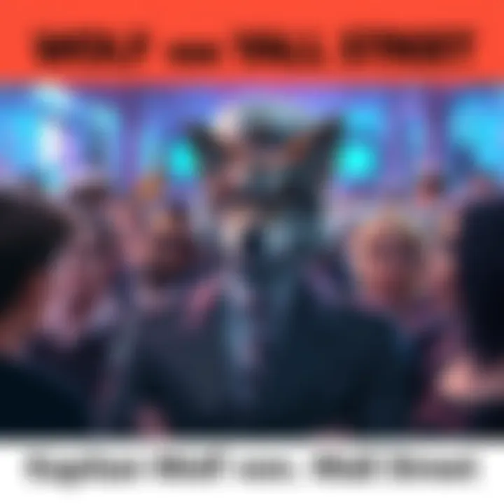 A crowd of people discussing Captain Wolf von Wall Street, some looking doubtful, others expressing admiration.