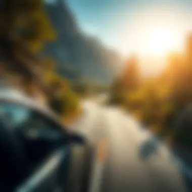 Car on a scenic drive A car driving along a beautiful winding road surrounded by nature