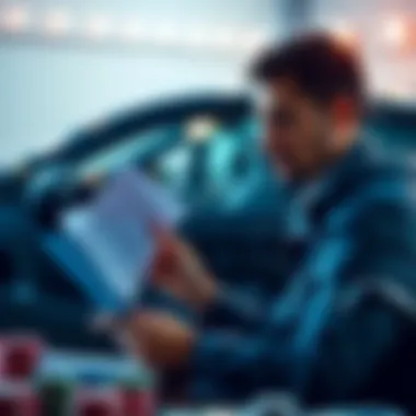 A poker player looking at a car loan document with a car in the background