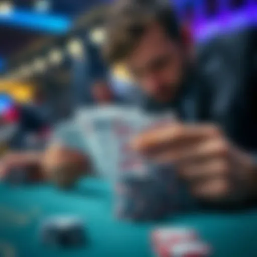 A close-up of a person focusing on cards at a blackjack table, with a stack of chips in front of them, highlighting the tension of gambling.