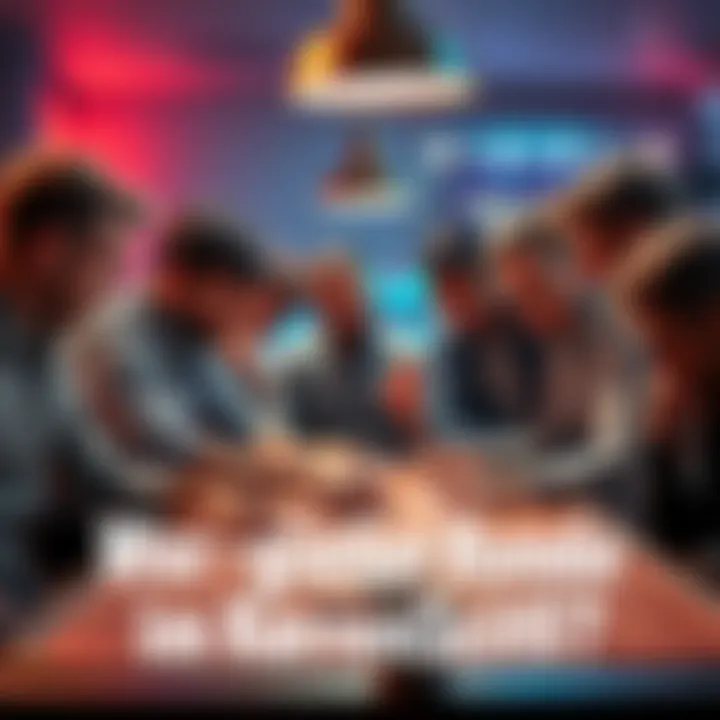 A group of people gathered around a table, focused on a card game with intense expressions as they prepare for the next move.