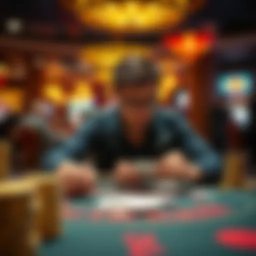 A person sitting at a blackjack table, focusing on the cards while surrounded by casino lights and hustle