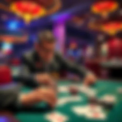 A player at a card table focusing on counting cards while managing multiple hands in a casino environment