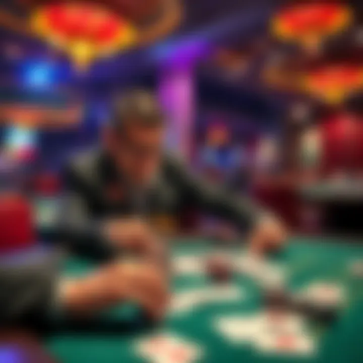 Card counting strategy in play A player at a card table focusing on counting cards while managing multiple hands in a casino environment
