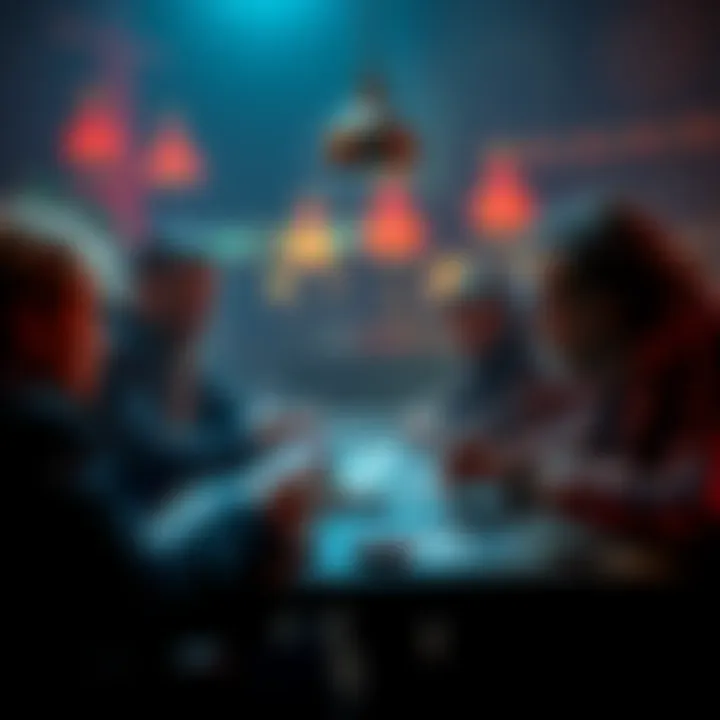 A group of people engaged in a card game, analyzing their strategies and discussing game rules outside the USA