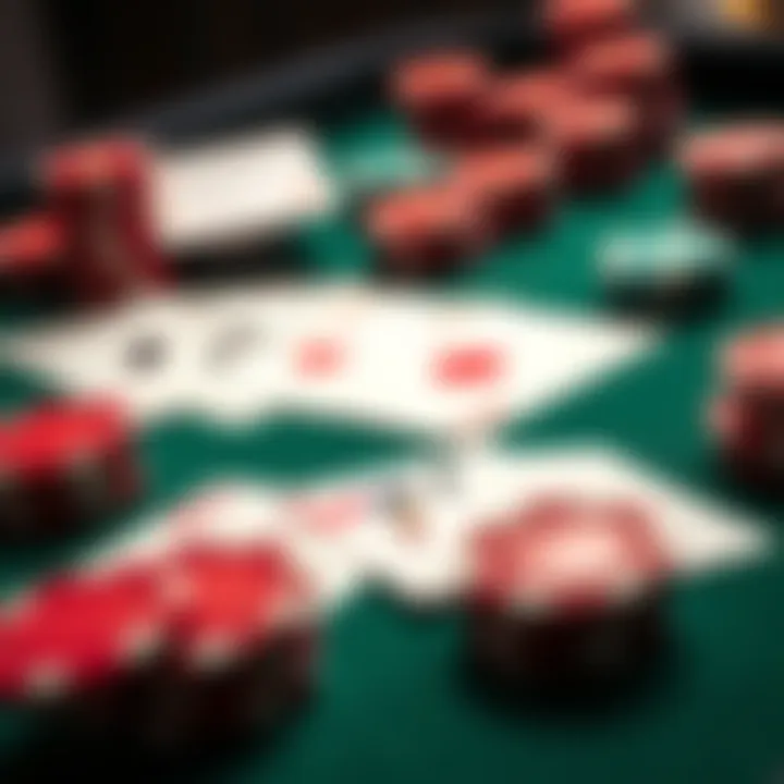Card table with playing cards A close-up view of a card table with various playing cards and poker chips, hinting at a casino atmosphere