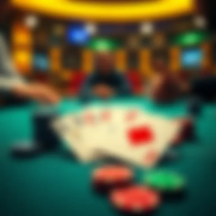 A close-up of playing cards showing four of a kind with chips and a player considering their next move at a poker table