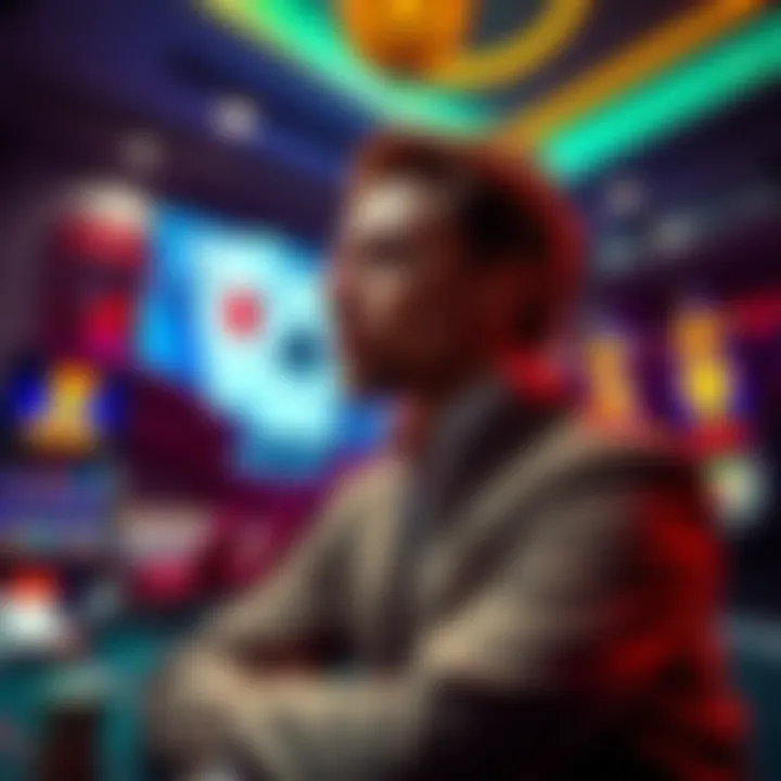 A person contemplating a job change with casino elements in the background, such as playing cards and slot machines.